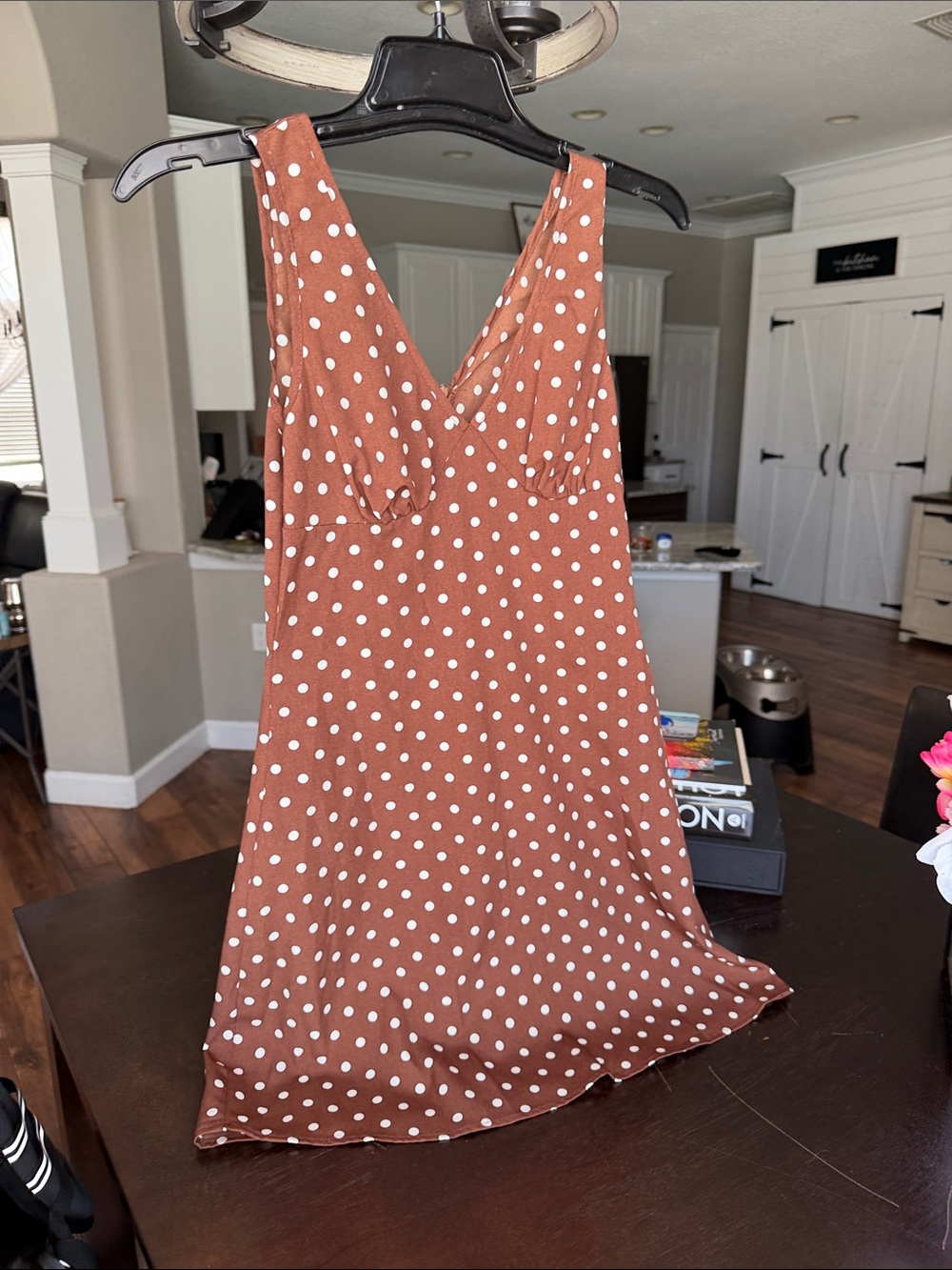 Polka Dot V-Neck Slip Dress in brown and White